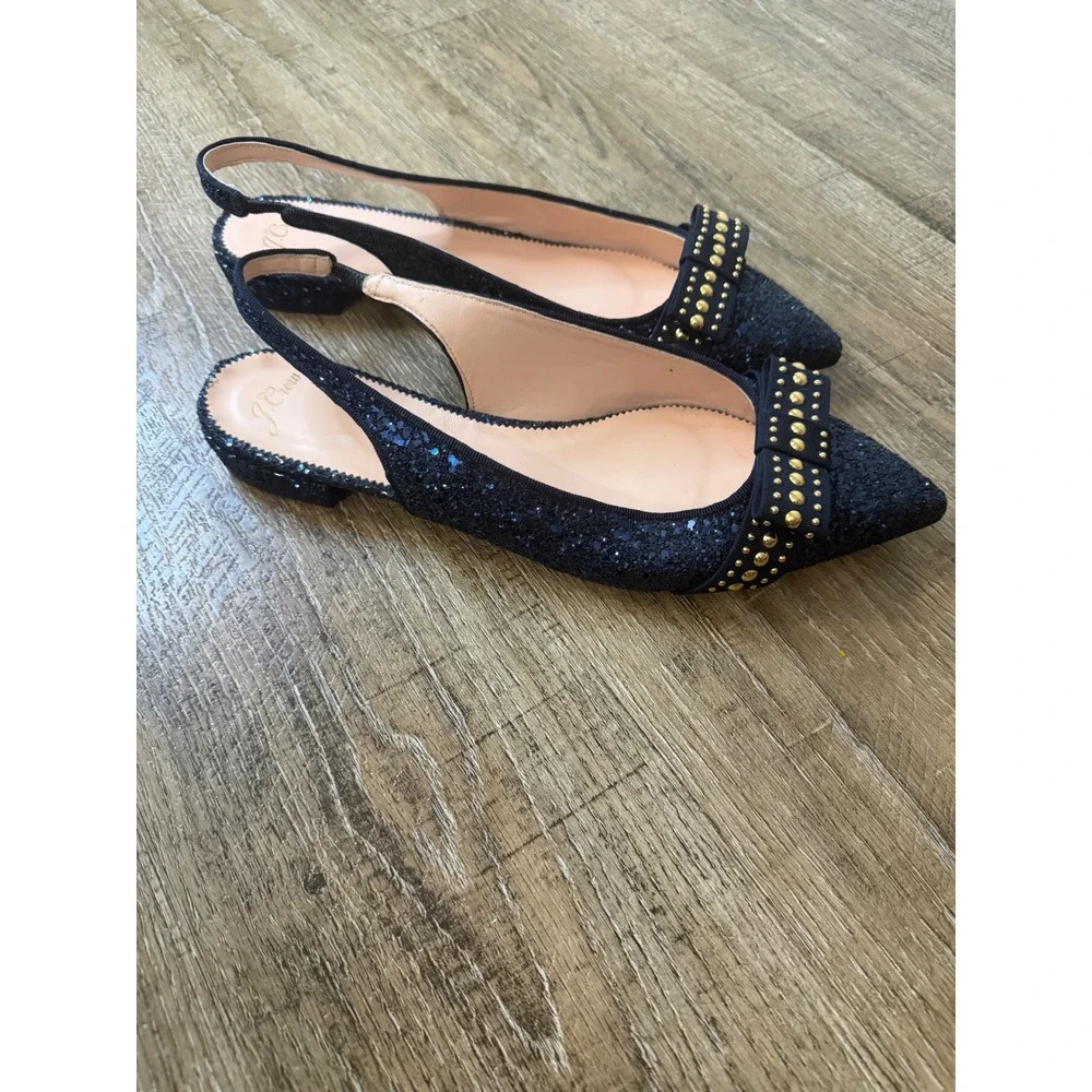 J.Crew Navy Blue Glitter Slingback Flats Studded Bow Pointed Toe Size 12
